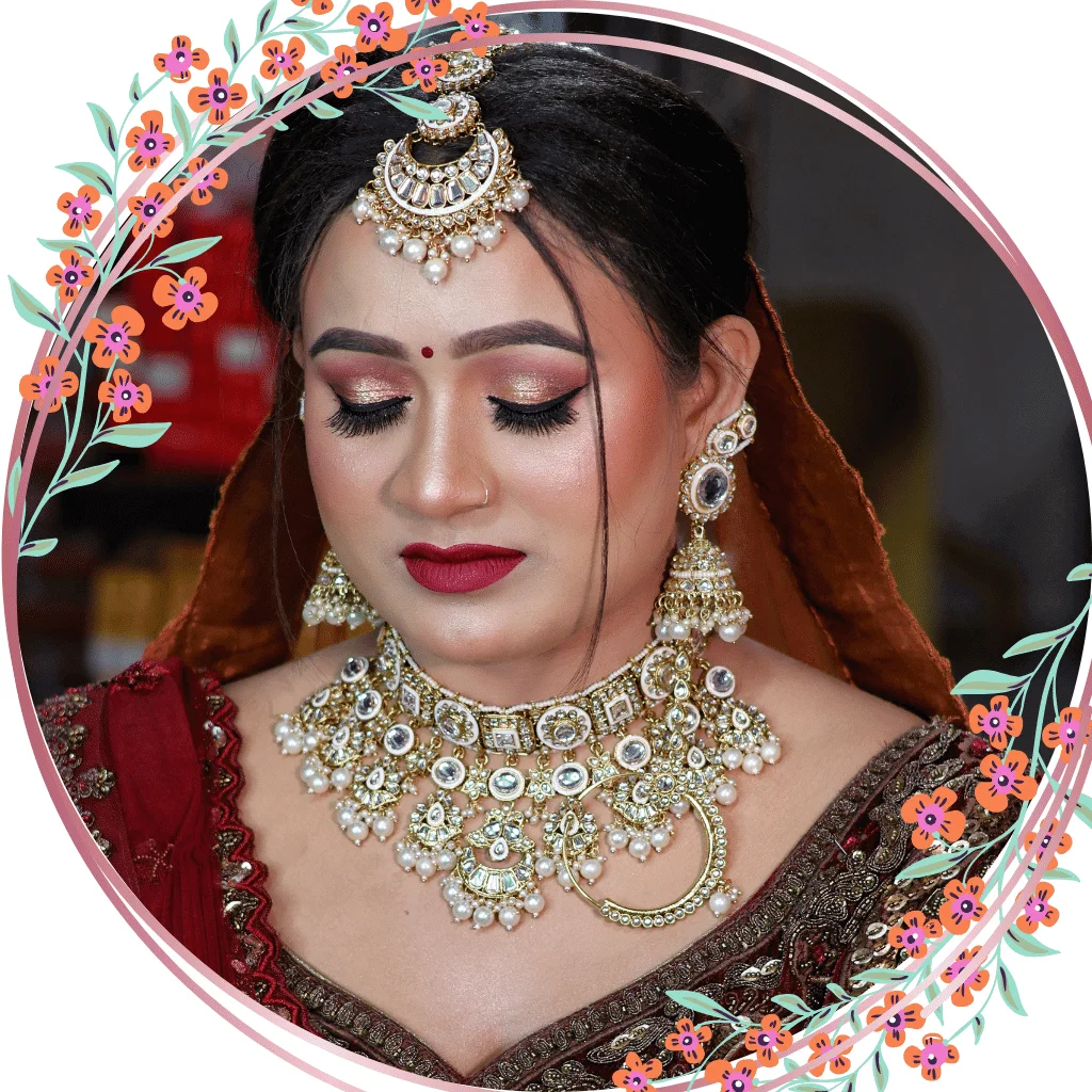 Beautifully lady in read Sharee and jewelry in Bridal look.